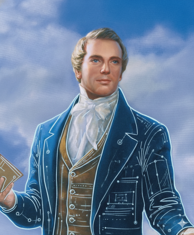 Painting of Joseph Smith with electronic outlines.